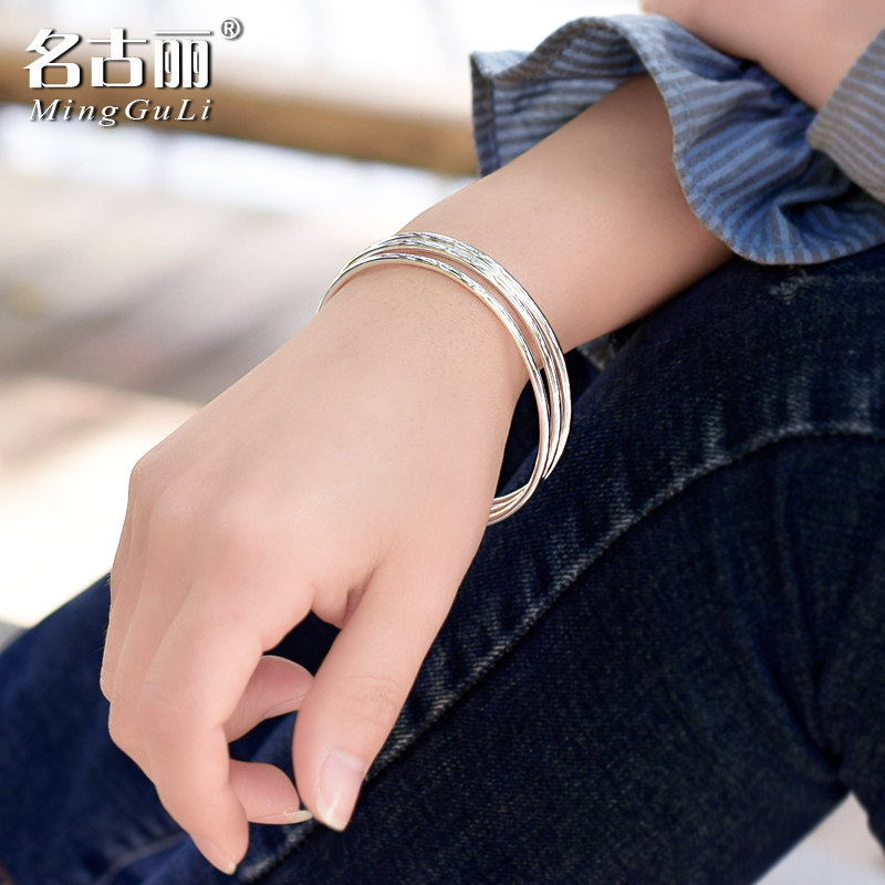 9999纯银手镯女足银光圈硬套手镯光面实心闭口组合手圈手环细银饰