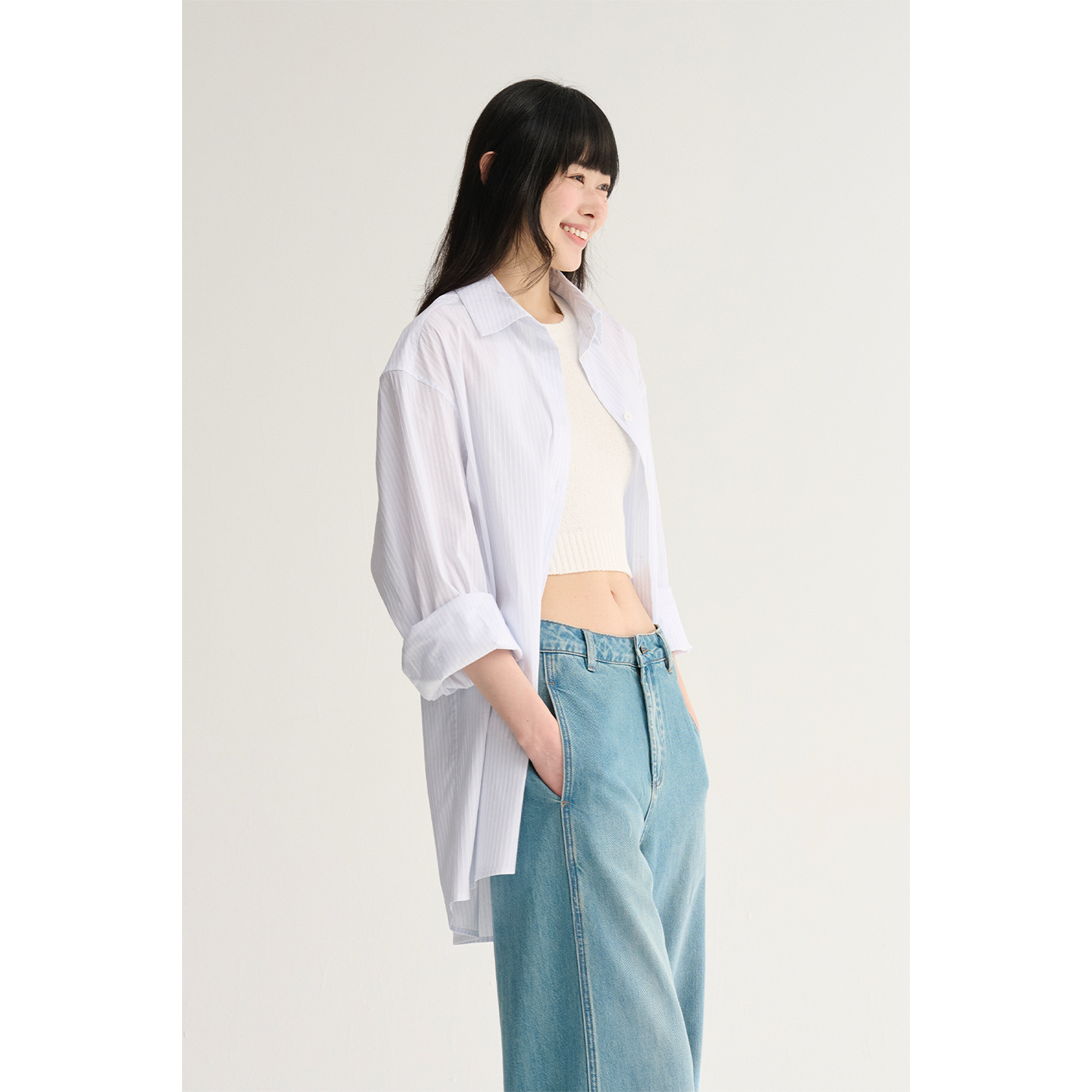 MAISON CECILE夏日清凉蓝白条纹立体肌理感宽松随性廓形衬衫