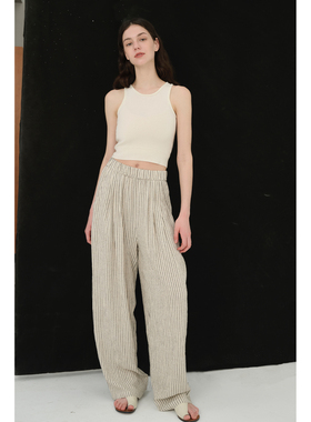 MAISON CECILE亚麻条纹松紧腰实穿懒人神裤