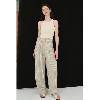 亚麻条纹松紧腰实穿懒人神裤