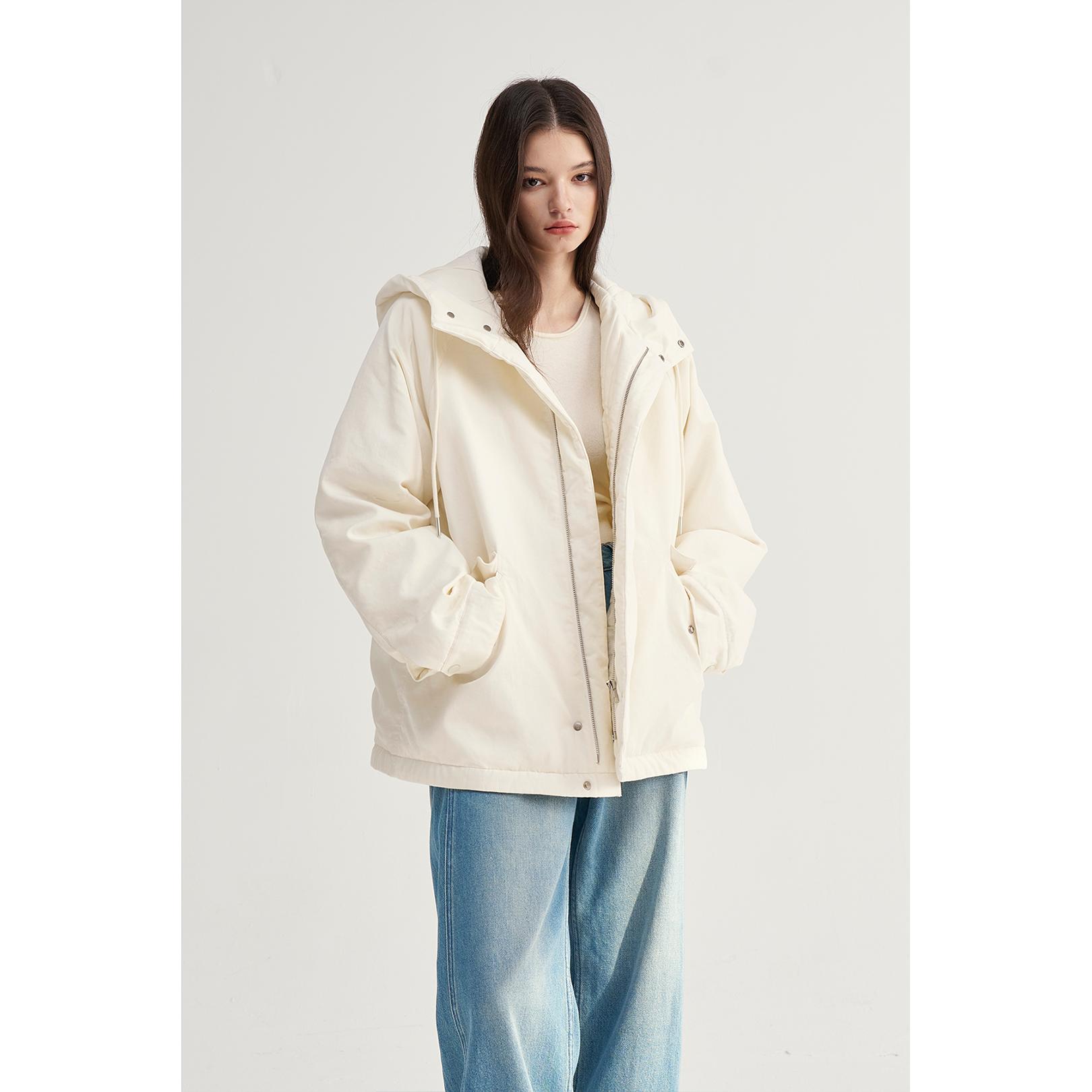 MAISON CECILE白色/黑色90白鹅绒带帽拉链羽绒服高级感冬季外套女