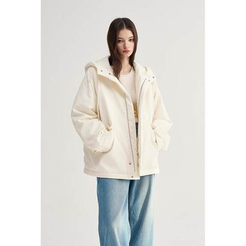 MAISON CECILE白色/黑色90白鹅绒带帽拉链羽绒服高级感冬季外套女