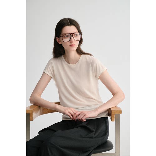 MAISON CECILE 两色/桑蚕丝卷边圆领优雅法式简约纯色针织短袖