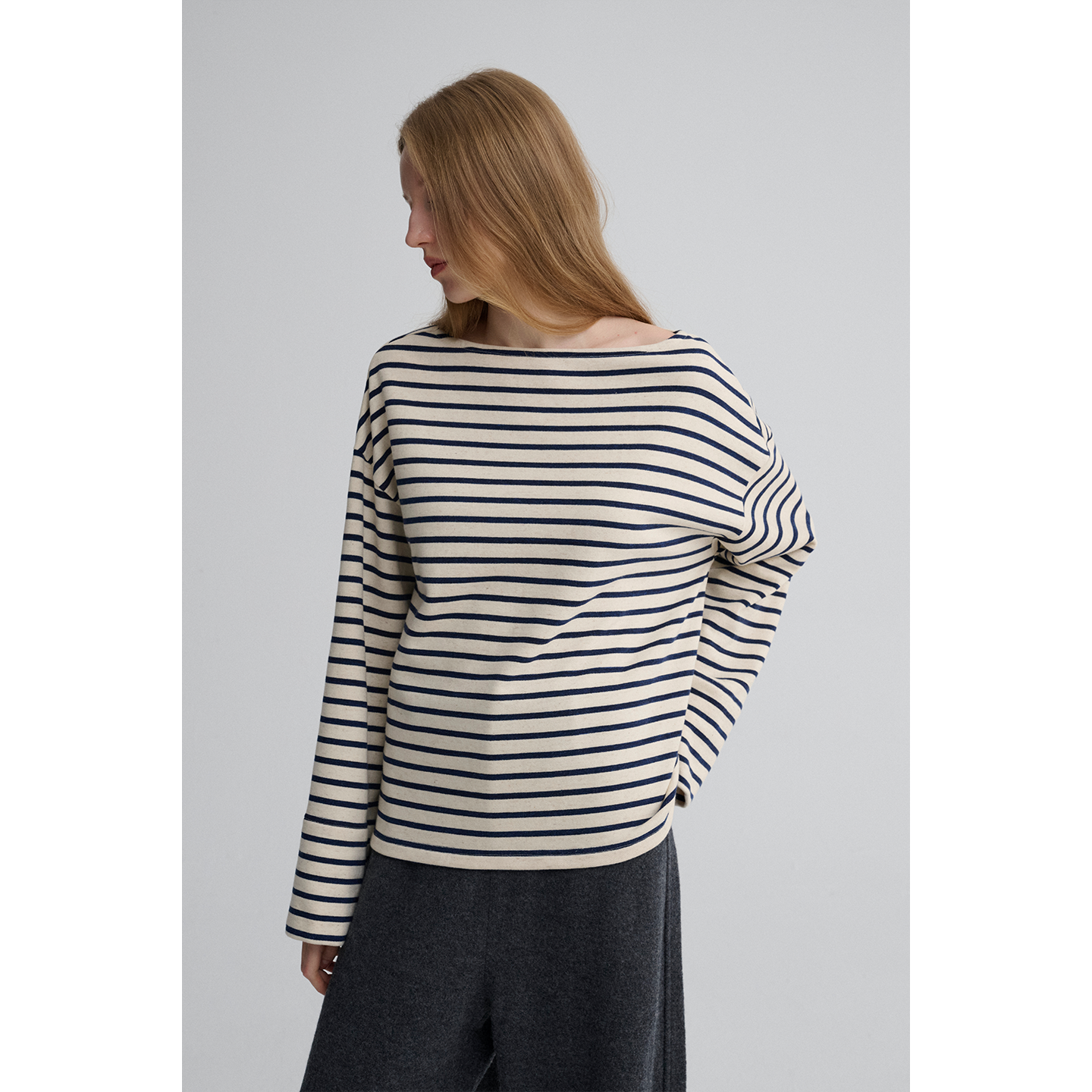 MAISON CECILE 法式松弛感一字领裁剪拼接条纹基础百搭长袖T恤