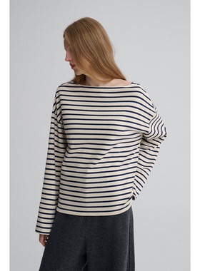 MAISON CECILE 法式松弛感一字领裁剪拼接条纹基础百搭长袖T恤