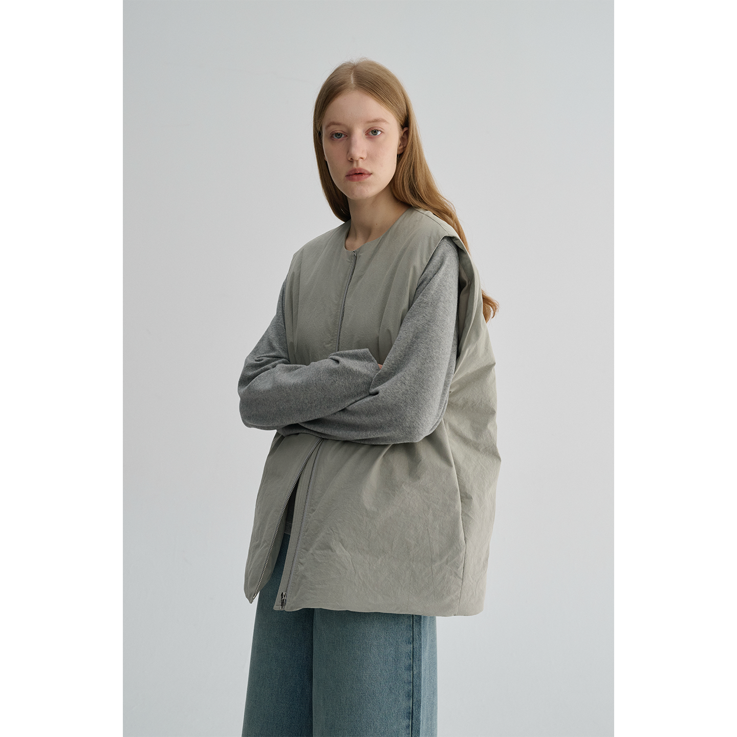 MAISON CECILE 宽松休闲夹棉保暖廓形圆领拉链式叠穿棉服马甲