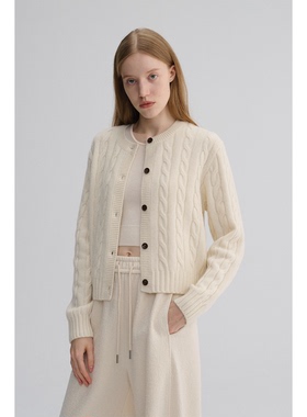 MAISON CECILE 复古绞花肌理感软糯羊毛修身圆领经典百搭针织开衫