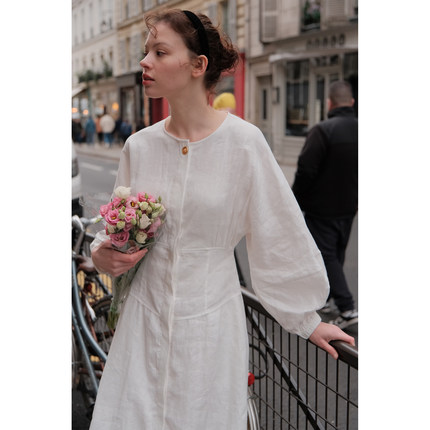 MAISON CECILE复古双色亚麻收腰灯笼袖连衣裙