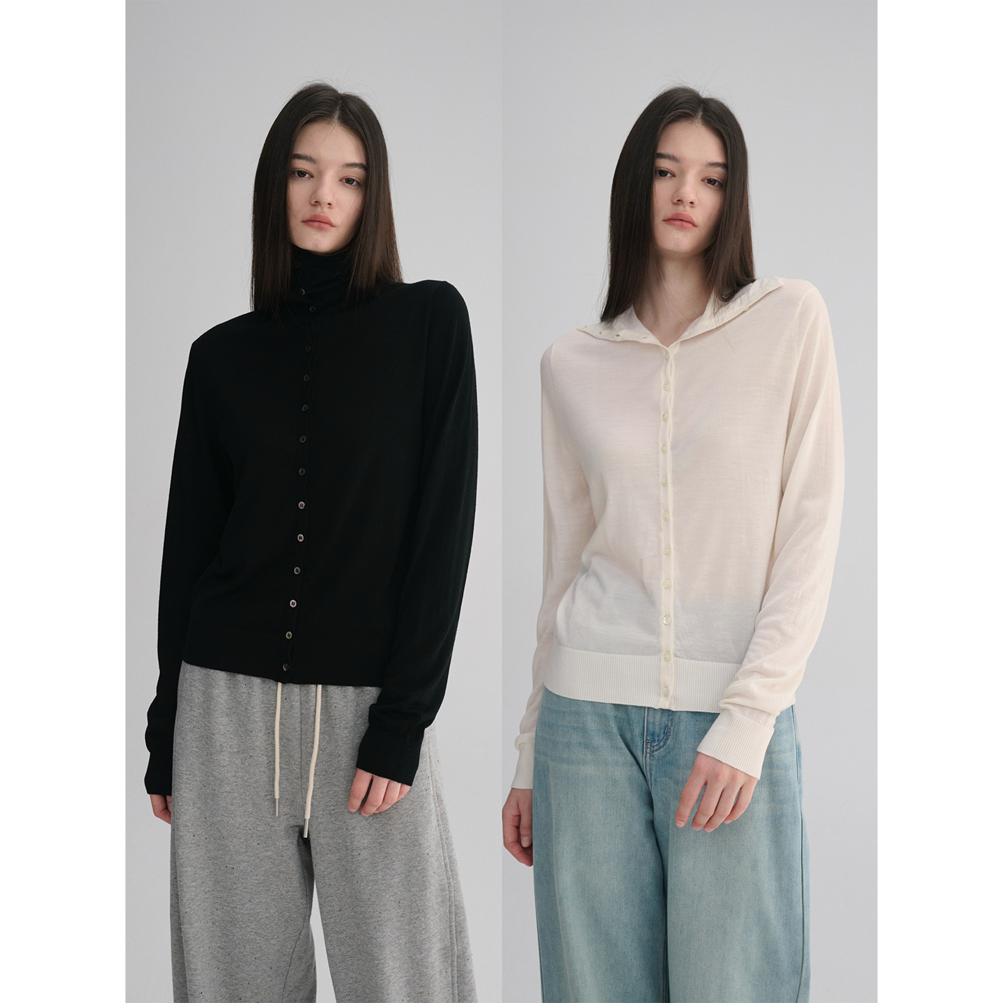 MAISON CECILE 两色|18针翻领/高领两穿软糯羊毛设计感针织开衫