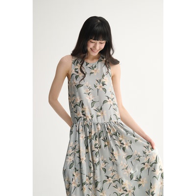 MAISON CECILE设计师印花/新中式花卉优雅真丝桑蚕丝背心连衣裙