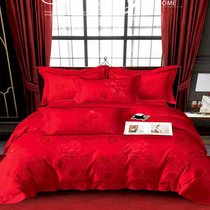 高档纯棉四件套床单被套大红全棉喜庆4件套双人1.8m2米床家纺家用