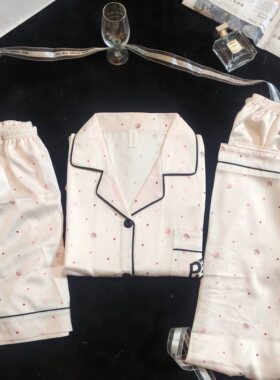 三件套睡衣女款夏季短袖冰丝薄款圆点奢华凉爽休闲大码家居服套装