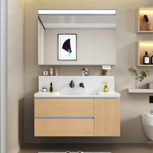 日式原木风高背一体盆人造石台盆多层实木浴室柜卫生间洗漱洗脸盆