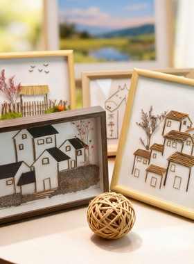 干花相框摆台粘贴diy稻草手工树枝画亲子活动江南水乡幼儿园环创