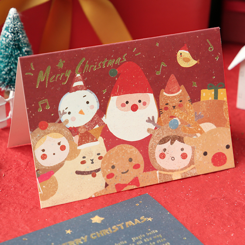 复古风烫金折叠贺卡 圣诞叮叮当 卡通动漫萌系圣诞老人圣诞袜子圣诞树