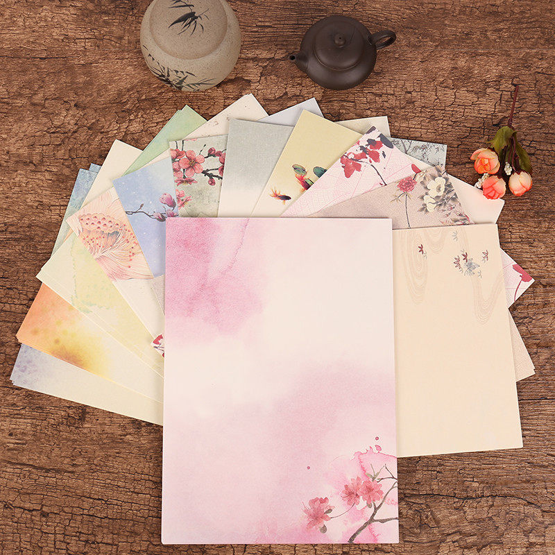 传统中式信纸空白水墨风彩色信笺 古风桃花梅香荷花情书商务定制