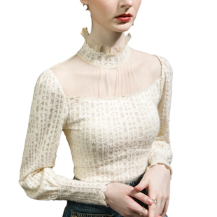 高领蕾丝打底衫女泡泡袖2026网纱拼接洋气秋季女装韩式上衣小衫