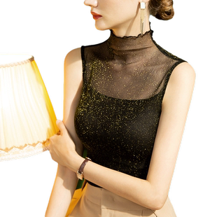 2026秋季半高领网纱T恤女亮丝修身性感无袖女装内搭春夏背心洋气