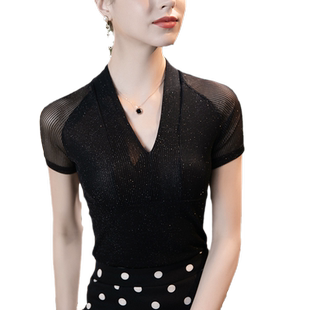 2025秋季新款V亮丝T恤女短袖修身气质淑女夏装上衣洋气网纱小衫