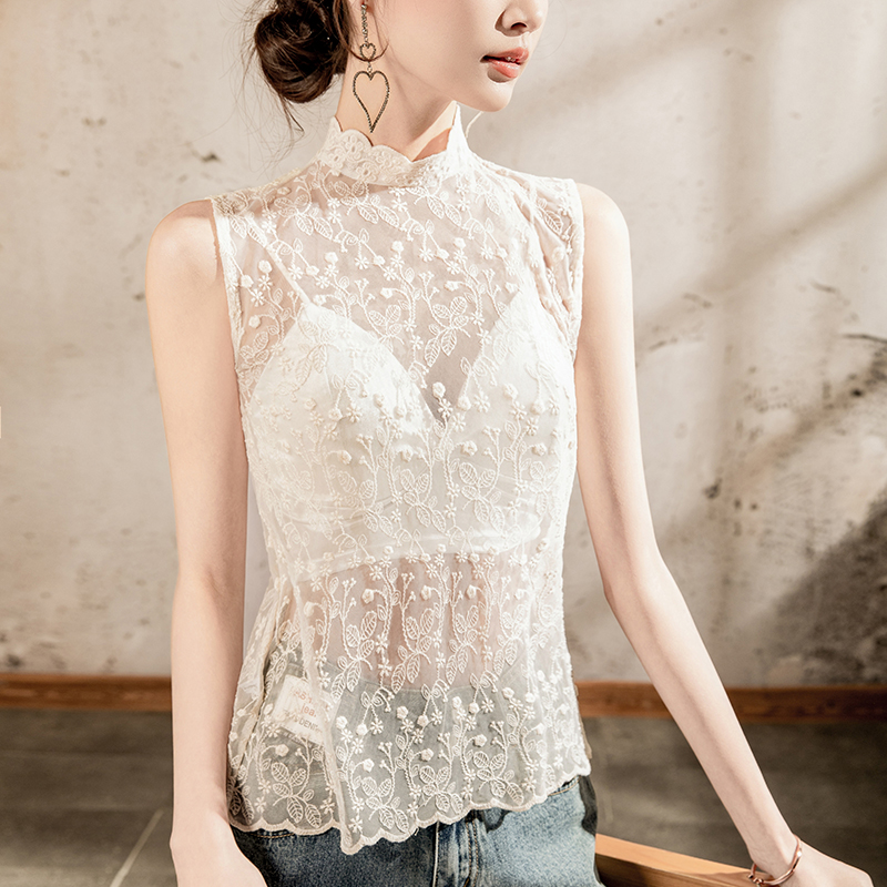 2025春夏立领刺绣宽松蕾丝罩衫女无袖女装透视性感上衣外搭背心