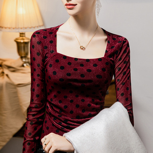 2026春季新款方领植绒波点印花打底衫女修身女装时尚长袖上衣小衫