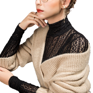 2026春季新款高领蕾丝打底衫女修身春秋内搭灯笼袖镂空性感小衫
