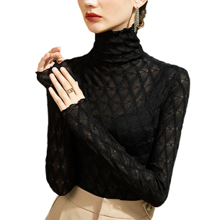 2025秋季高领蕾丝打底衫女木耳边修身女装T恤纯色秋冬加绒上衣