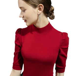 2025秋季半高领T恤女五分袖修身棉t中袖纯色洋气女装泡泡袖上衣