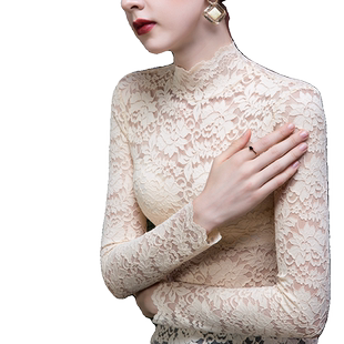 2025秋季立领蕾丝打底衫女网纱修身秋冬高领洋气小衫女装加绒上衣