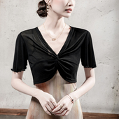 新款 外搭纯色百搭短款 V领网纱T恤女半袖 2026秋季 宽松女装 短袖 罩衫