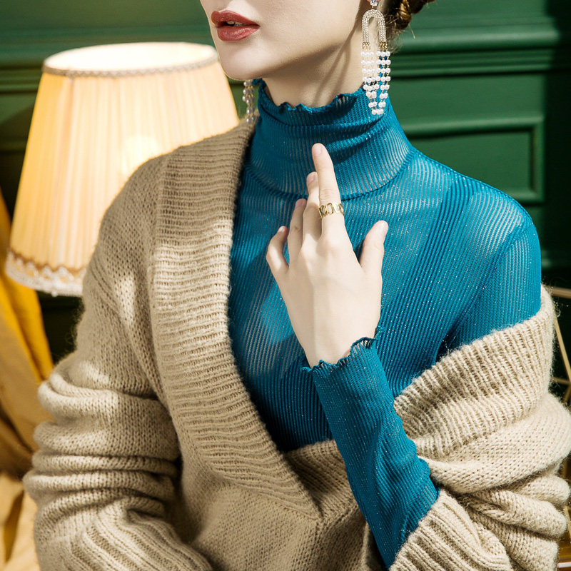 2025秋季新款木耳边高领网纱打底衫女亮丝修身春秋内搭长袖小衫,女装/女士精品,蕾丝衫/雪纺衫,淘宝优惠券,粉丝福利购,淘宝优惠卷