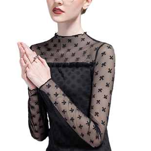 2026秋季新款网纱拼接长袖修身小衫女立领洋气压褶雪纺欧洲站上衣