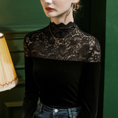 女装 2026秋冬新款 丝绒拼接洋气长袖 女修身 T恤上衣 蕾丝高领打底衫