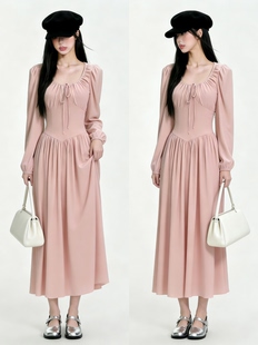 夏季 Bubble Cui法式 初恋方领连衣裙女长袖 收腰气质长裙 新款