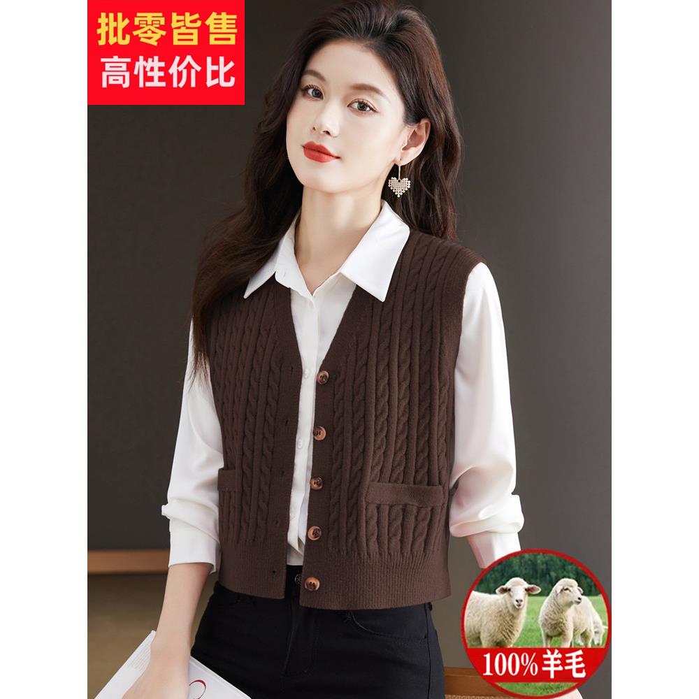 棕色开衫女式背心2024春季和秋季新款针织外套背心短开衫夹克厚