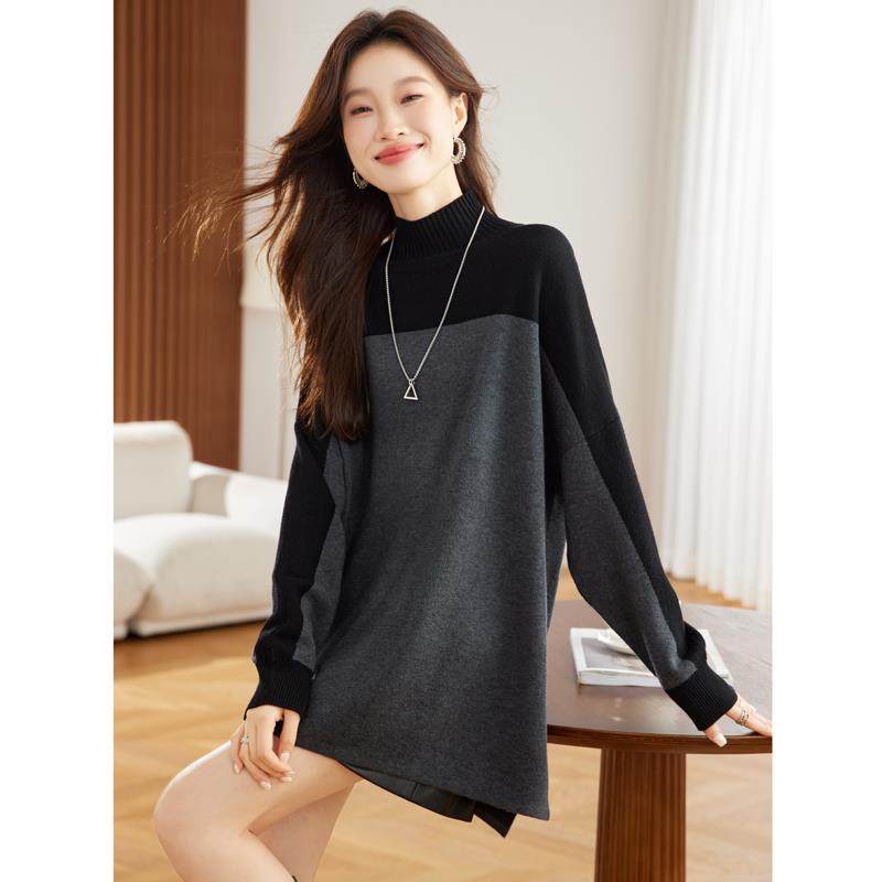 秋冬毛衣女款2025新款爆款外穿中长版遮屁股慵懒风拼色针织打底衫