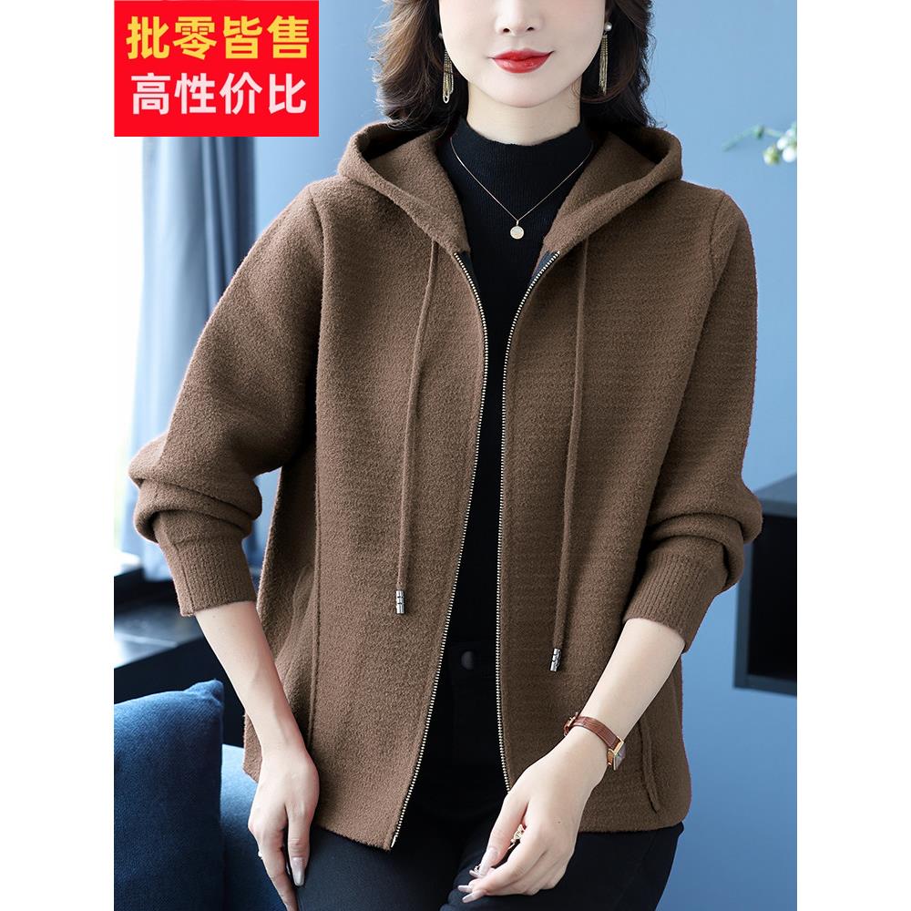 秋冬新款胖妈妈毛呢上衣厚女短款连帽拉炼开衫宽松加大码洋气外套