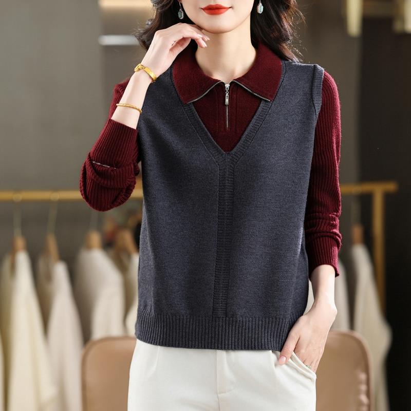 2025秋冬新款假两件羊毛衫女士长袖针织毛衣翻领高级感羊绒衫上衣