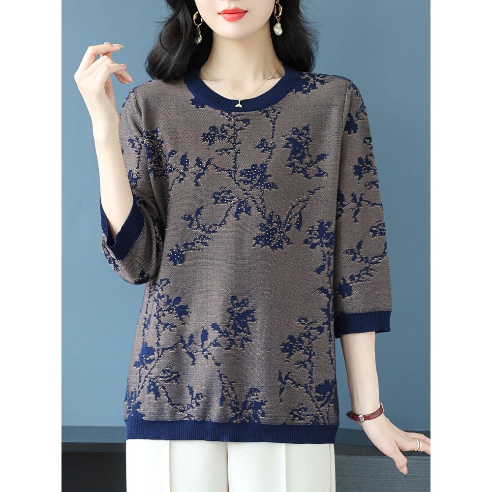 中老年女装大码上衣早秋薄款针织衫妈妈洋气宽松七分袖桑蚕丝T恤