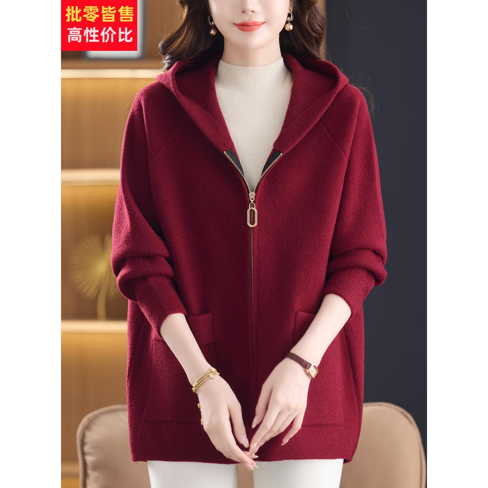 秋冬新款中年胖妈妈毛呢大衣加肥加大码拉炼开衫女宽松休闲呢外套