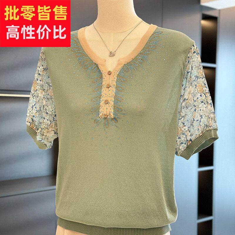 时尚妈妈装雪纺拼接针织衫女短袖T恤夏装新款上衣气质中老年小衫