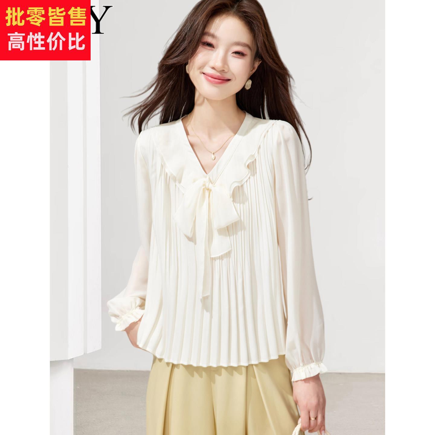 春装女神范雪纺系带V领荷叶边法式漂亮衬衫2026新款优雅轻熟上衣