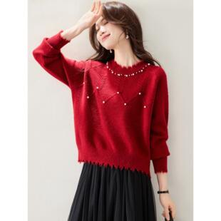 钉珠亮丝圆领毛衣女秋冬红色宽松套头针织衫2025新款毛边设计上衣