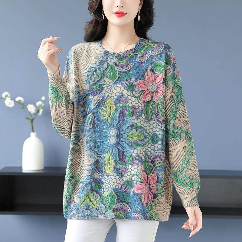 妈妈冬装打底衫遮肚子显瘦洋派加肥加大码女装2025新款碎花毛衣女