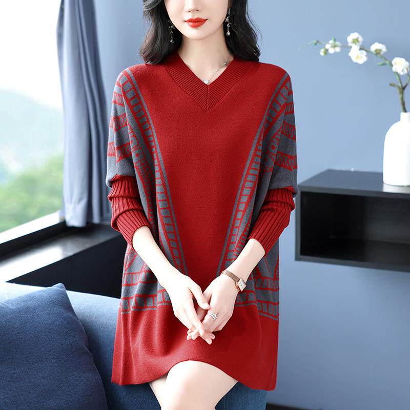 胖妈妈羊绒衫V领中长款毛衣女秋冬洋气蝙蝠衫加肥大码羊毛打底衫