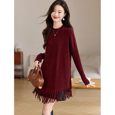 不规则流苏毛衣裙女秋冬外穿2024新款时髦中长款遮屁股打底针织衫