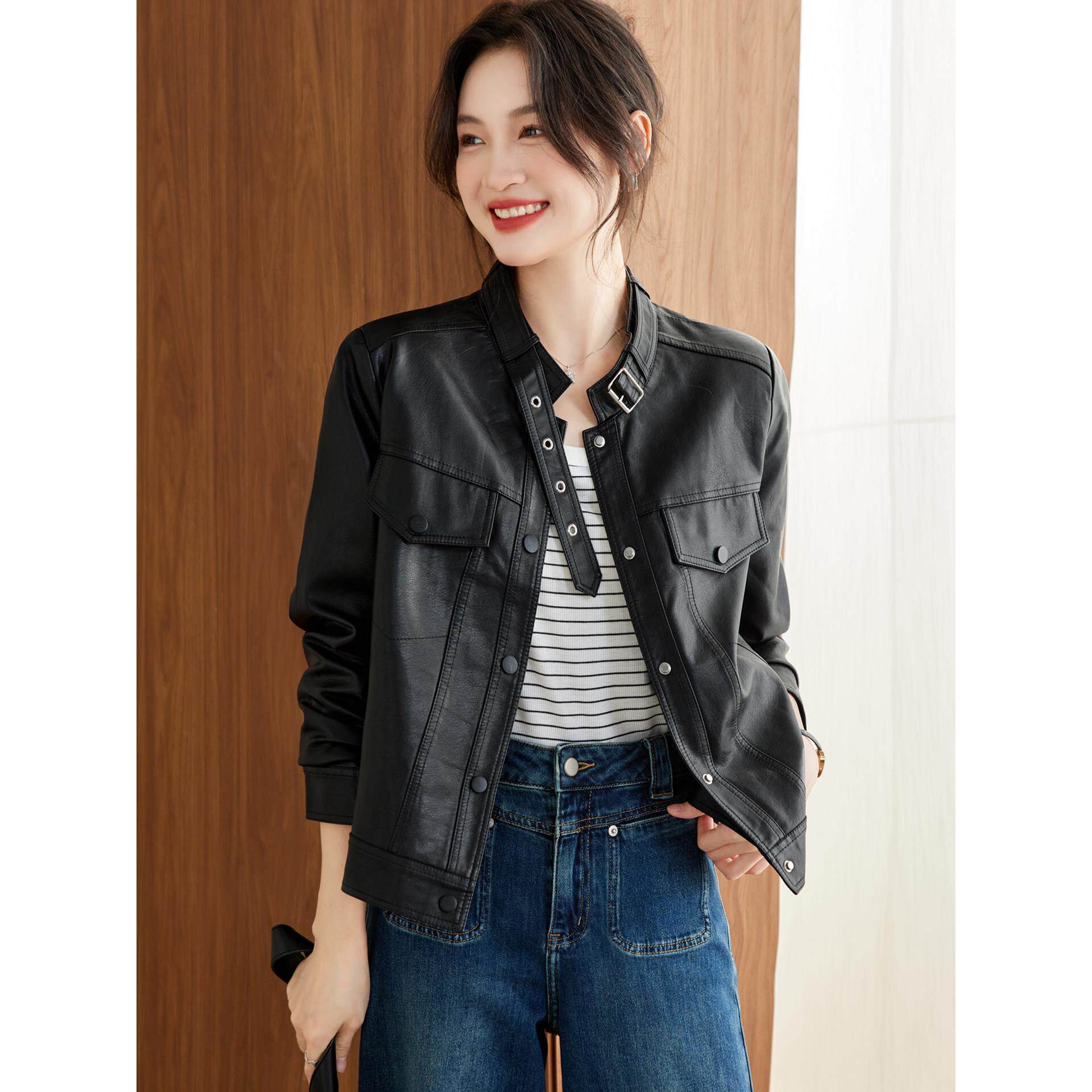 酷飒风立领皮衣外套女2025春秋季新款短款小个子时尚PU皮夹克上衣
