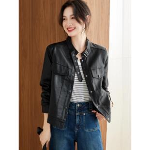 酷飒风立领皮衣外套女2025春秋季新款短款小个子时尚PU皮夹克上衣