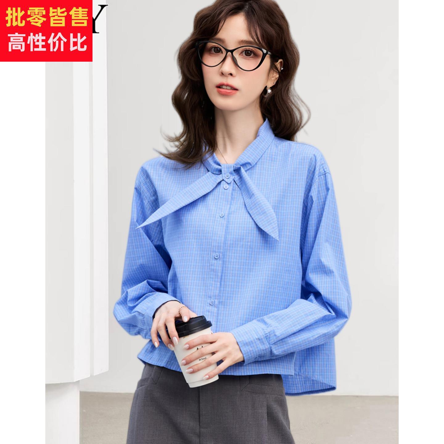 2026春季新款格子系带短款宽松遮肚子衬衫小众减龄百搭上衣潮流女