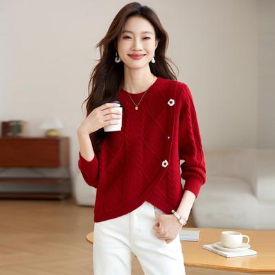 秋冬红色花朵针织衫女2025新款高级感洋气打底毛衣内搭小个子上衣